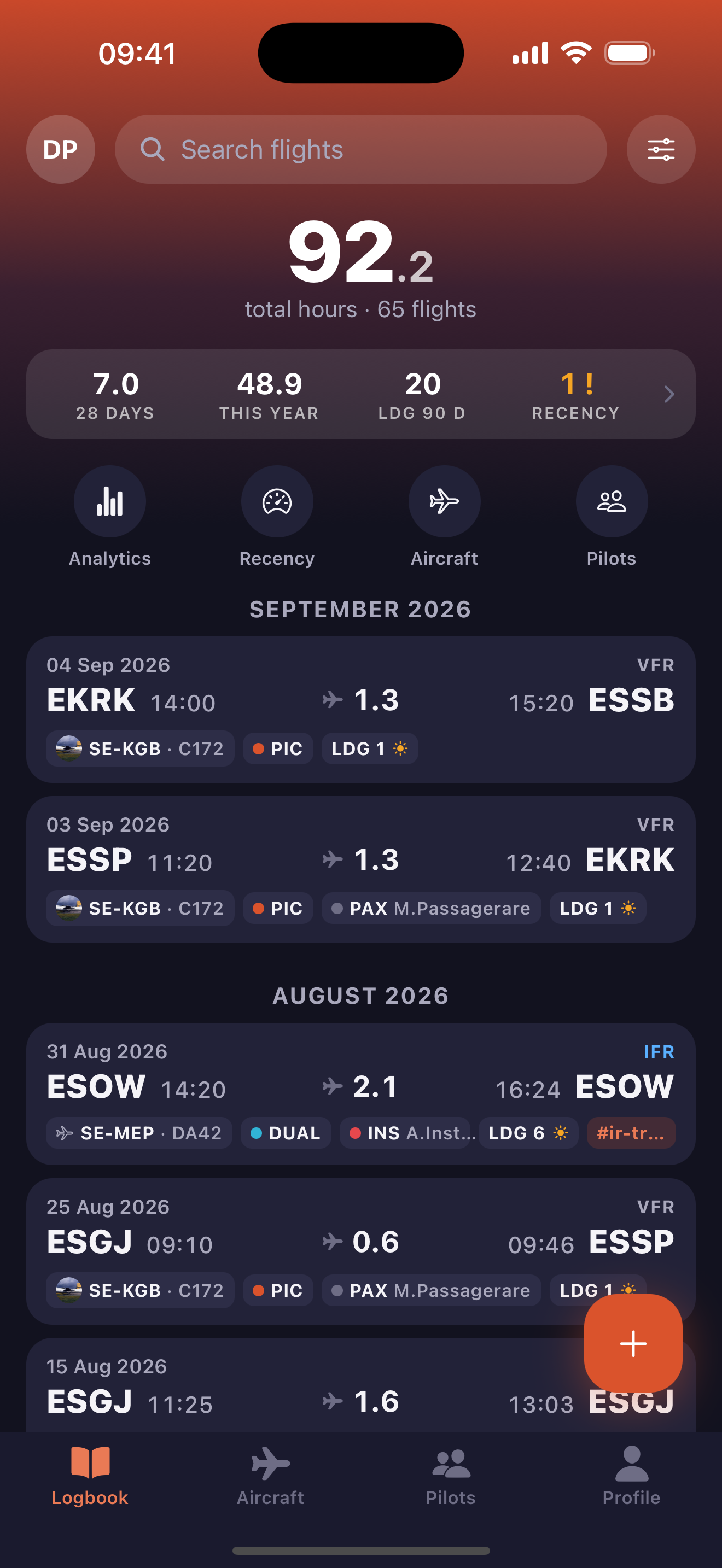 FlightLog logbook overview showing recent flights grouped by month with running totals and recency indicators