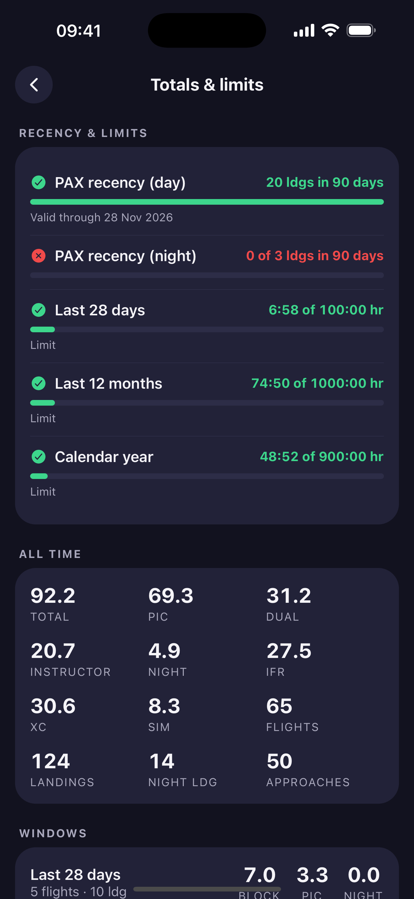 FlightLog totals and limits screen showing all-time hours, recency status, and regulatory currency checks