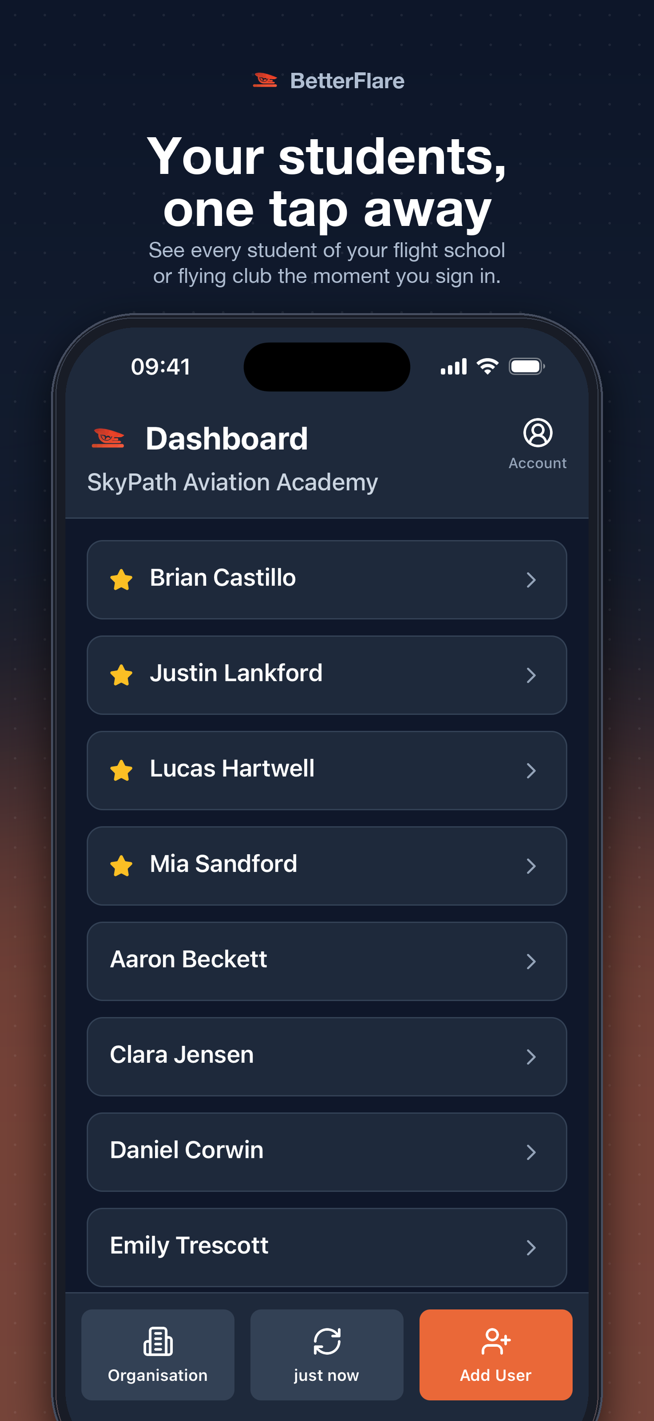 Dashboard — your full student roster on sign-in