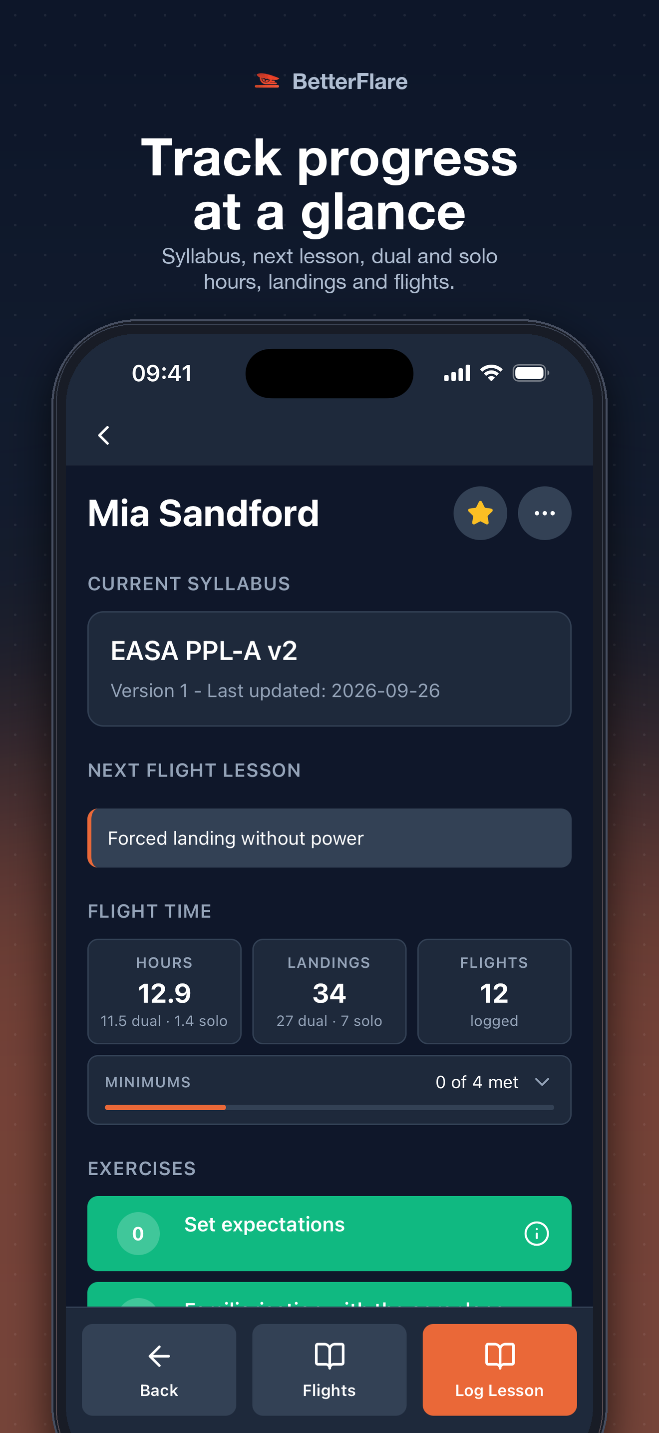 Student overview — syllabus, hours, landings, and next lesson
