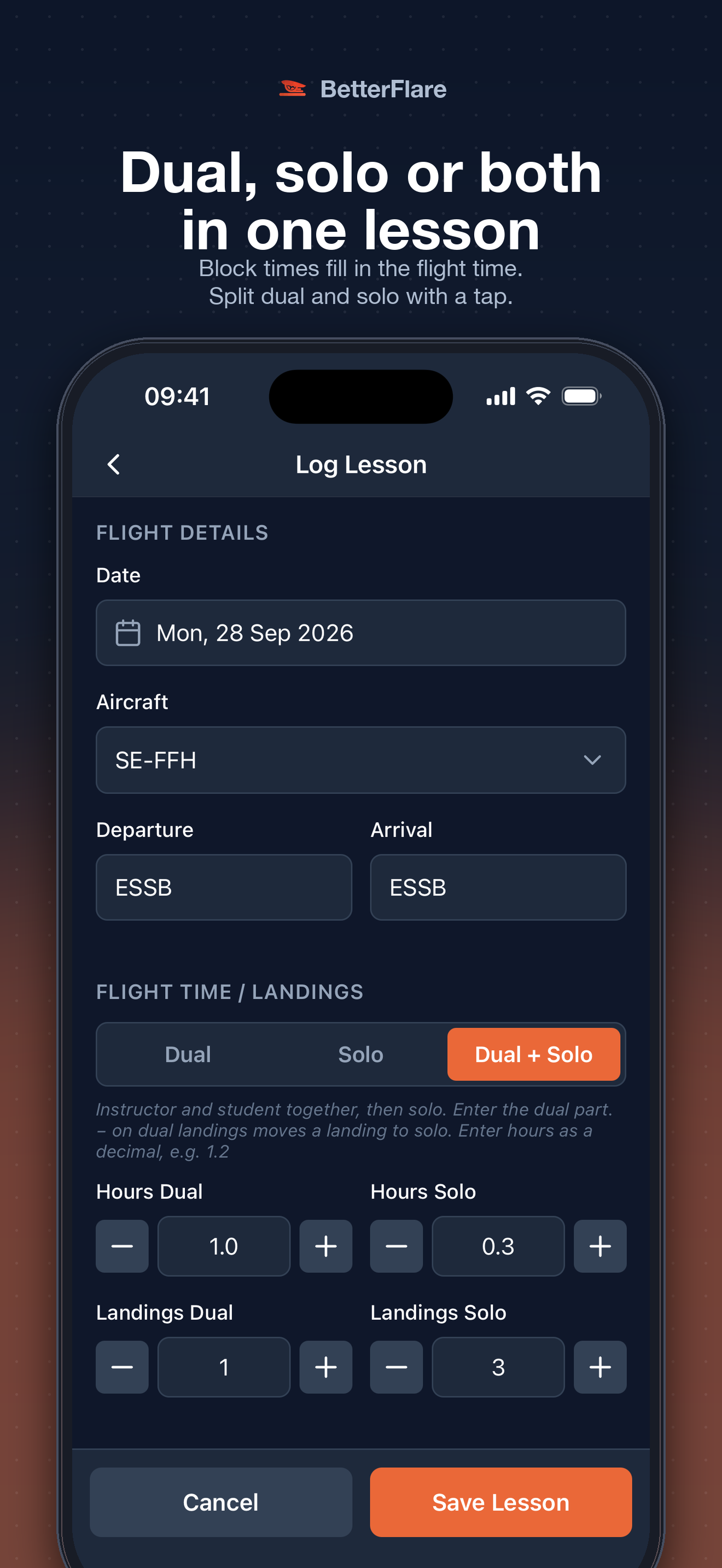 Log Lesson — flight details and dual/solo time