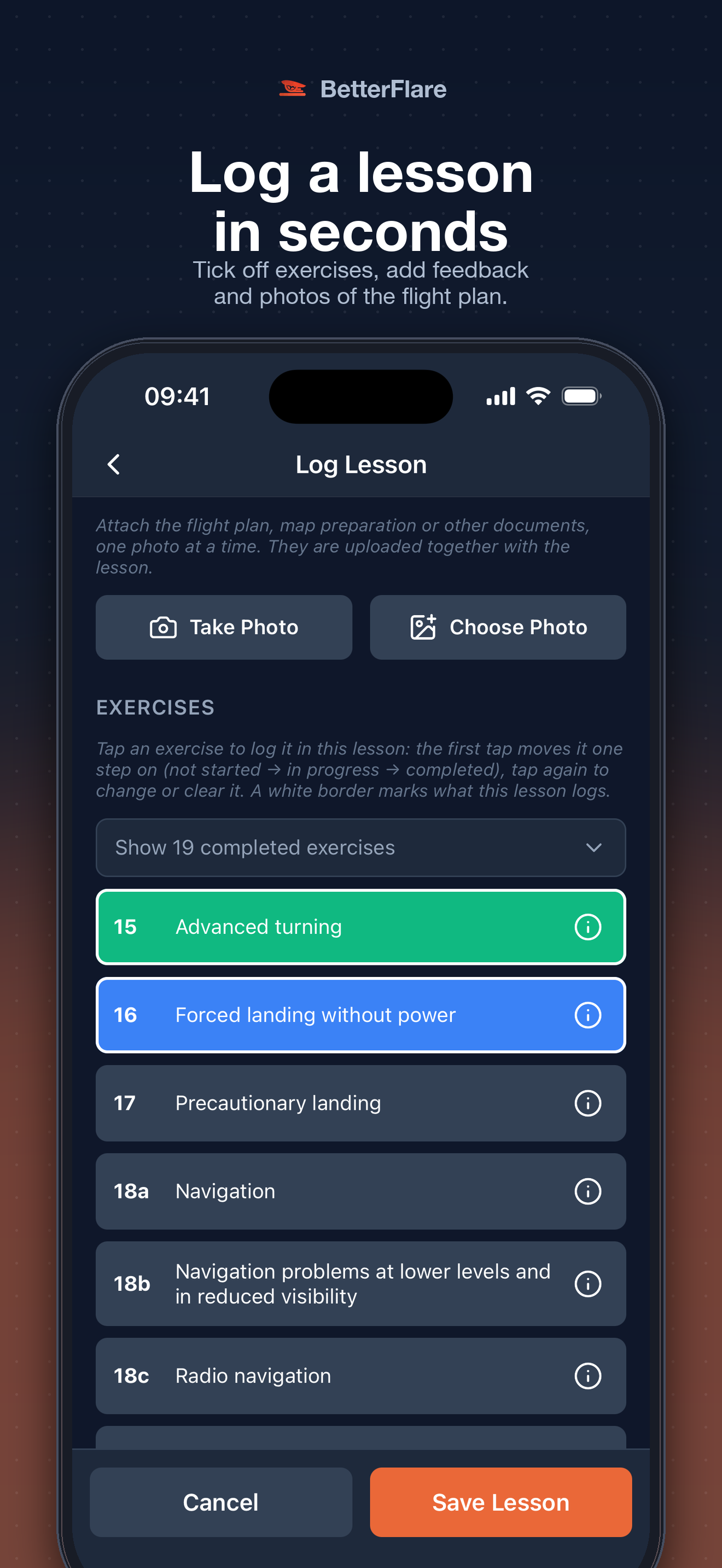 Log Lesson — exercises with tap-to-cycle status