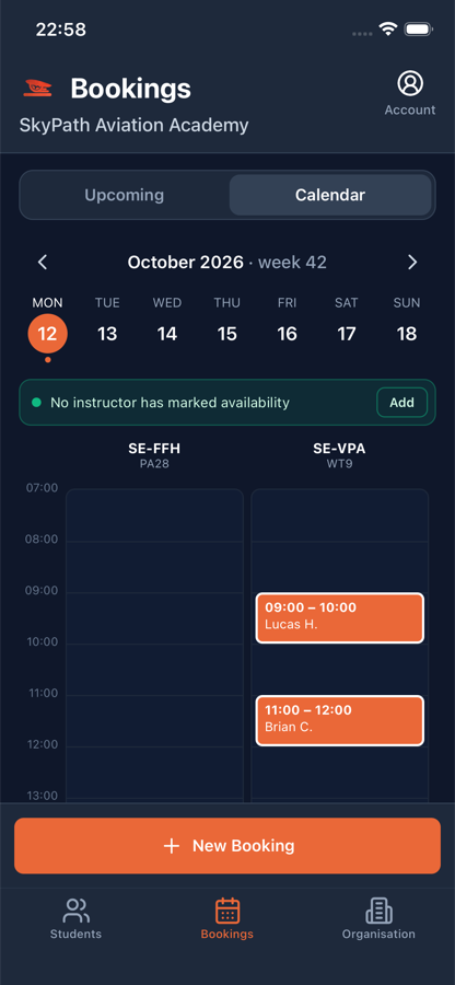 Booking calendar — aircraft and instructors on a shared grid