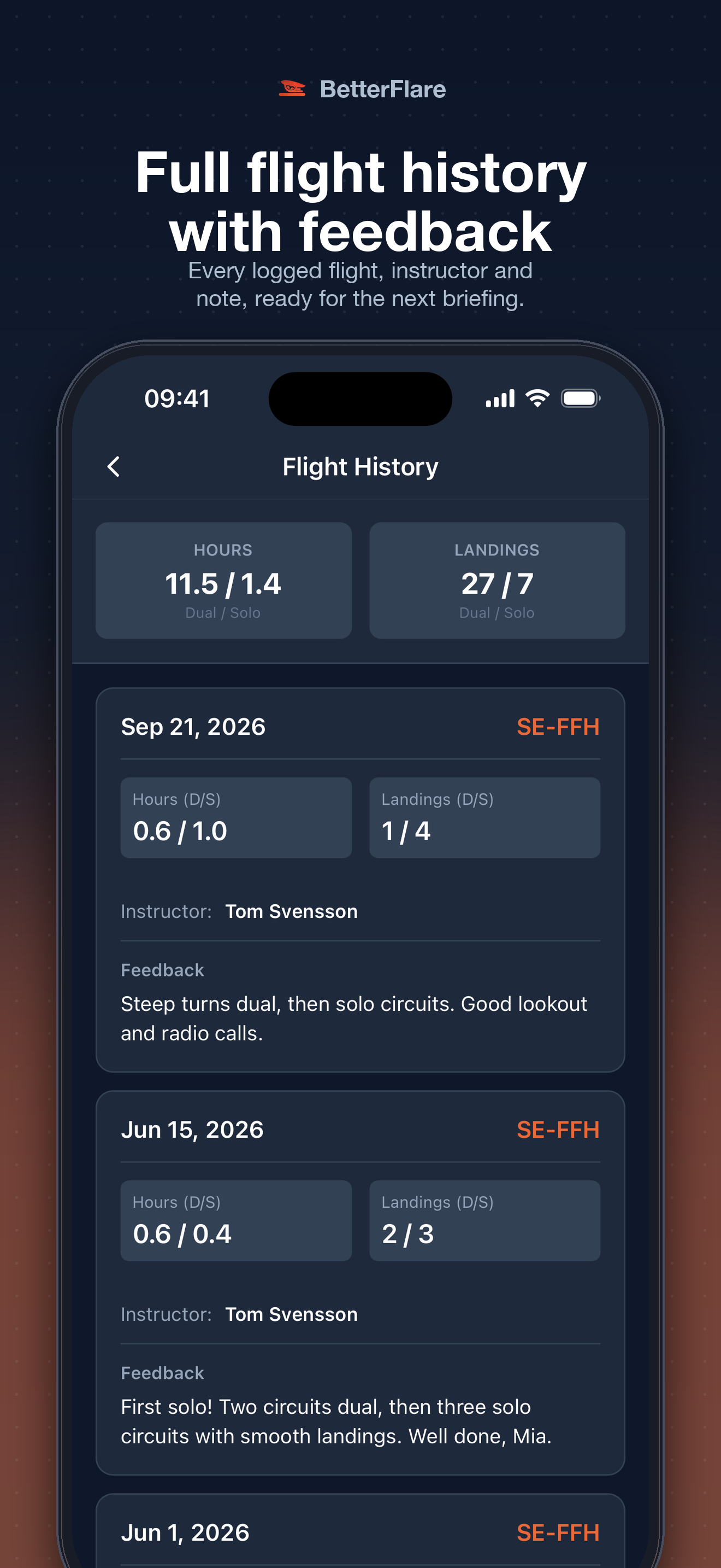 Flights — full history with instructor feedback
