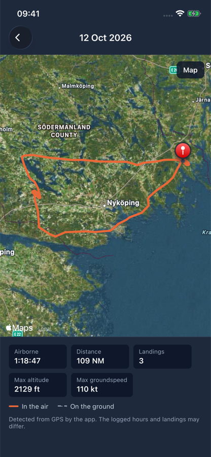 Track on satellite view — the route you actually flew