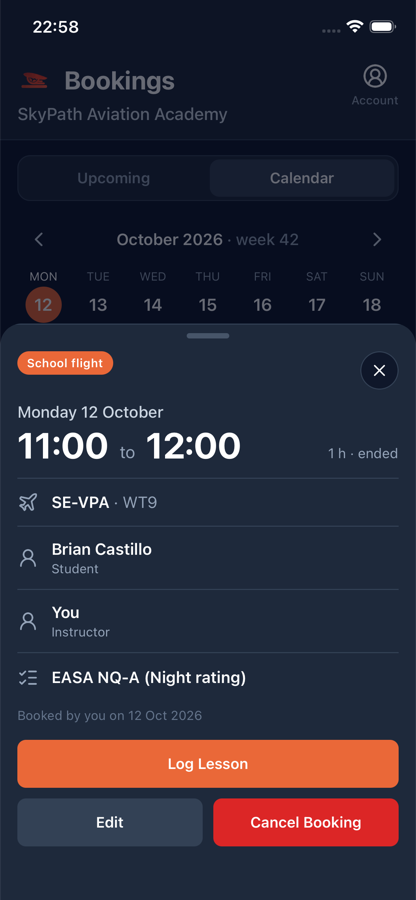 Booking detail — log the lesson straight from the booking