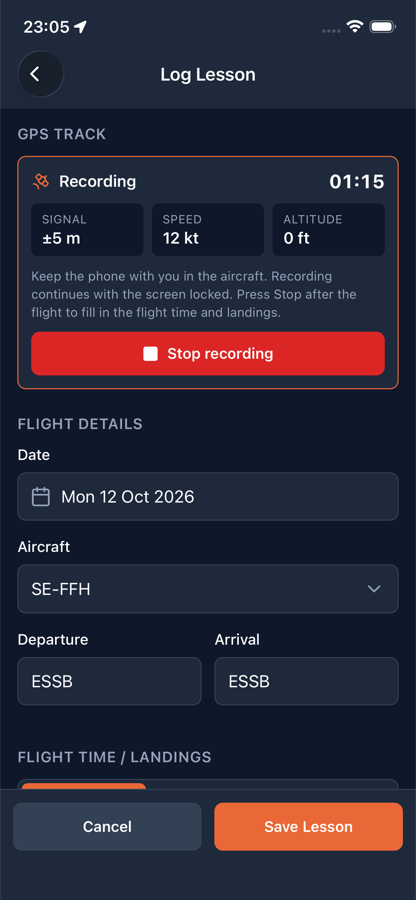 GPS recording — press Start before taxiing, stop after landing