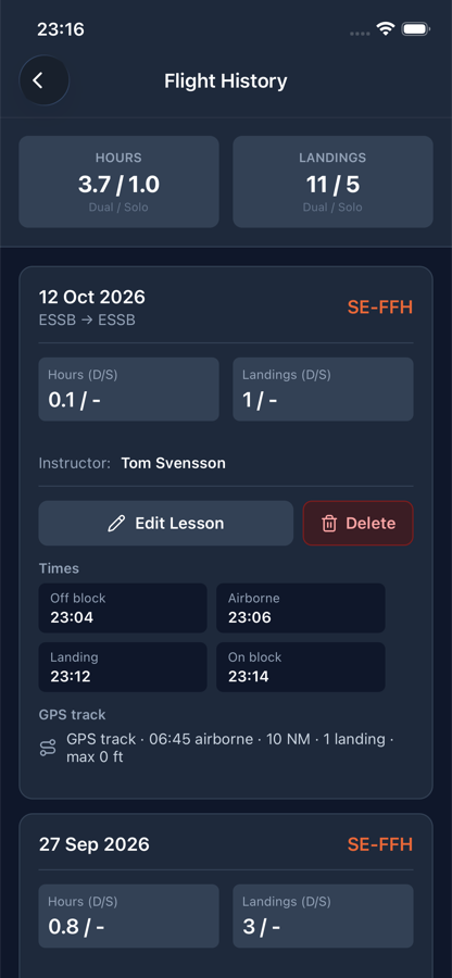 Flight history with the track on the map