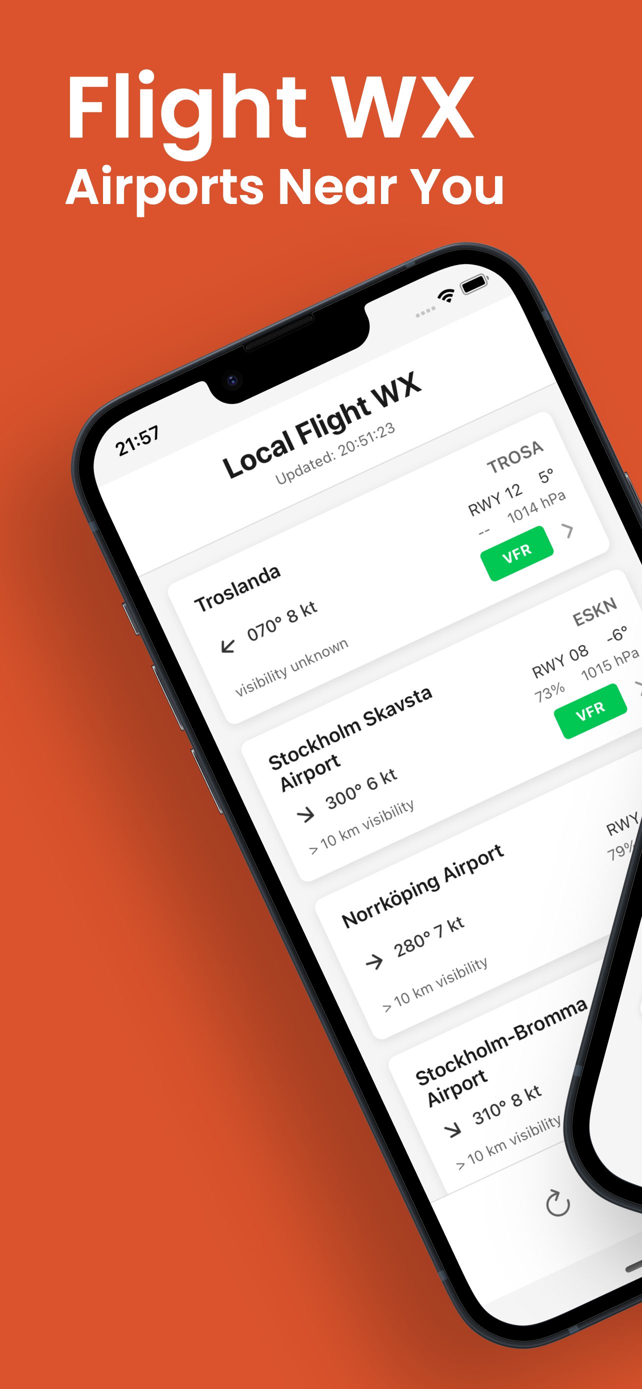 Local Flight WX app showing nearby airport weather with METAR, wind, and visibility for Swedish airports