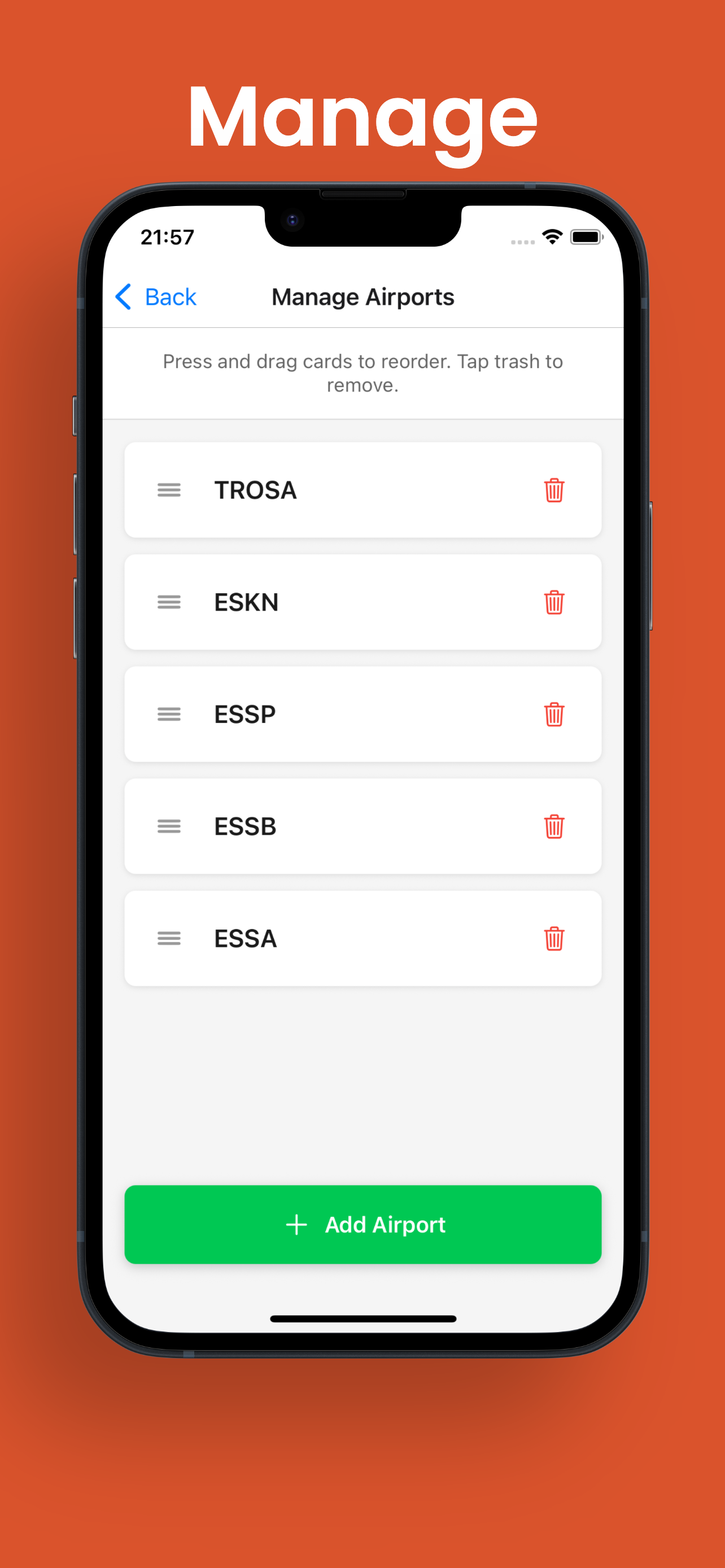 Local Flight WX manage airports screen to add, reorder, and remove saved airfields